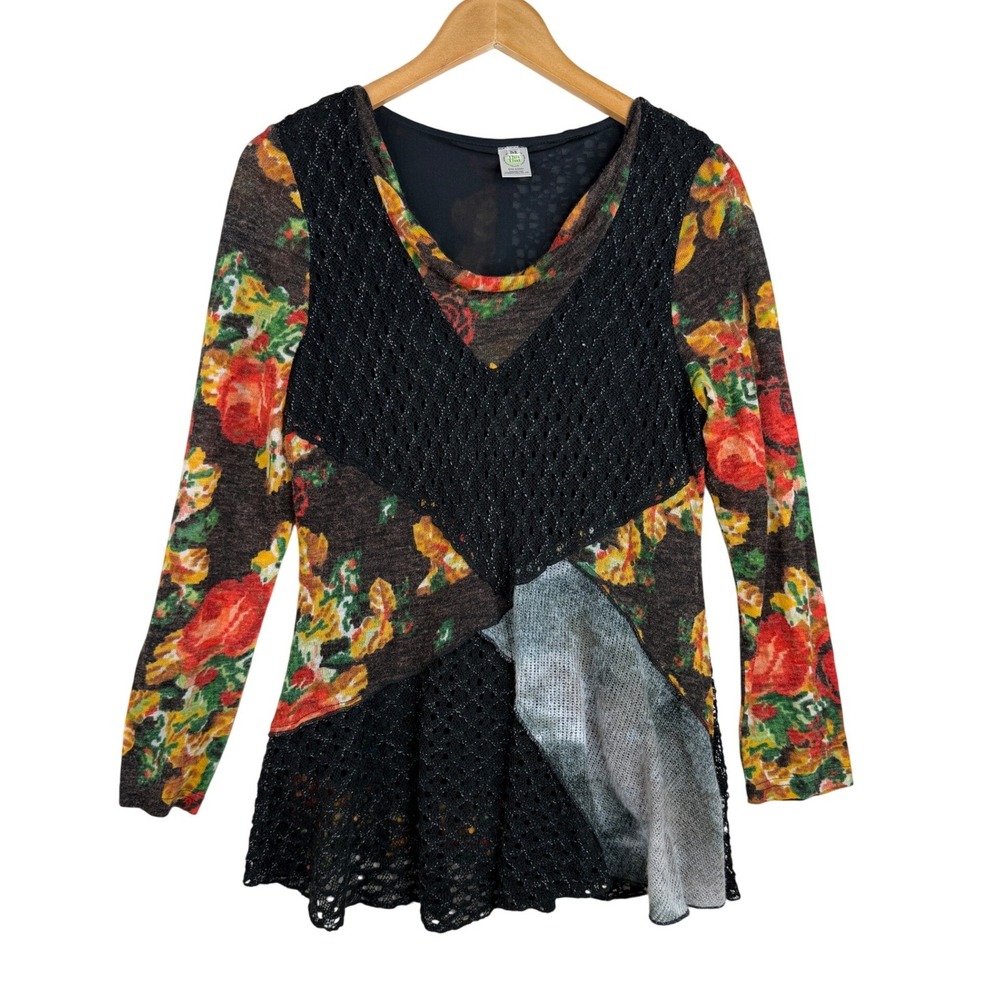 This & That Artsy Boho Floral Crochet Colorblock Pullover Tunic Sweater Size M